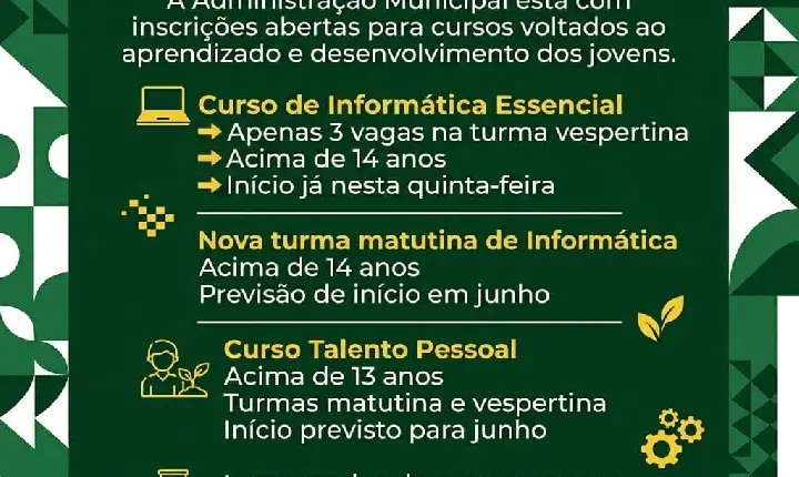 Últimas vagas em cursos gratuitos para adolescentes em São Domingos!