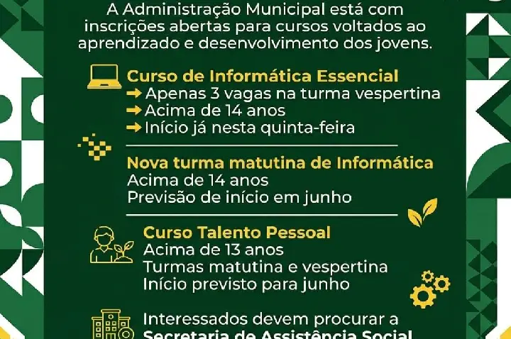 Últimas vagas em cursos gratuitos para adolescentes em São Domingos!