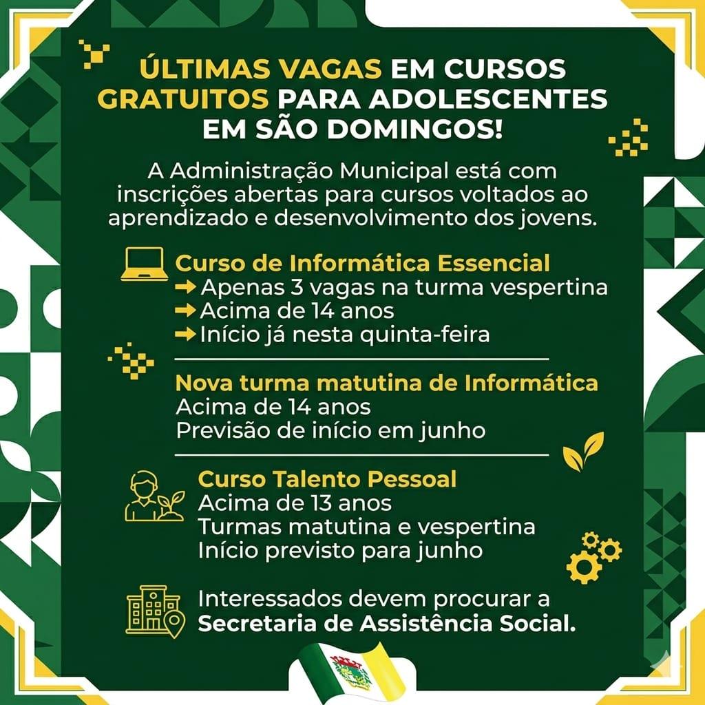 Últimas vagas em cursos gratuitos para adolescentes em São Domingos!